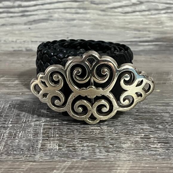 Brighton Braided Black Leather Belt Silver Scroll Buckle Size 32 - Picture 8 of 9